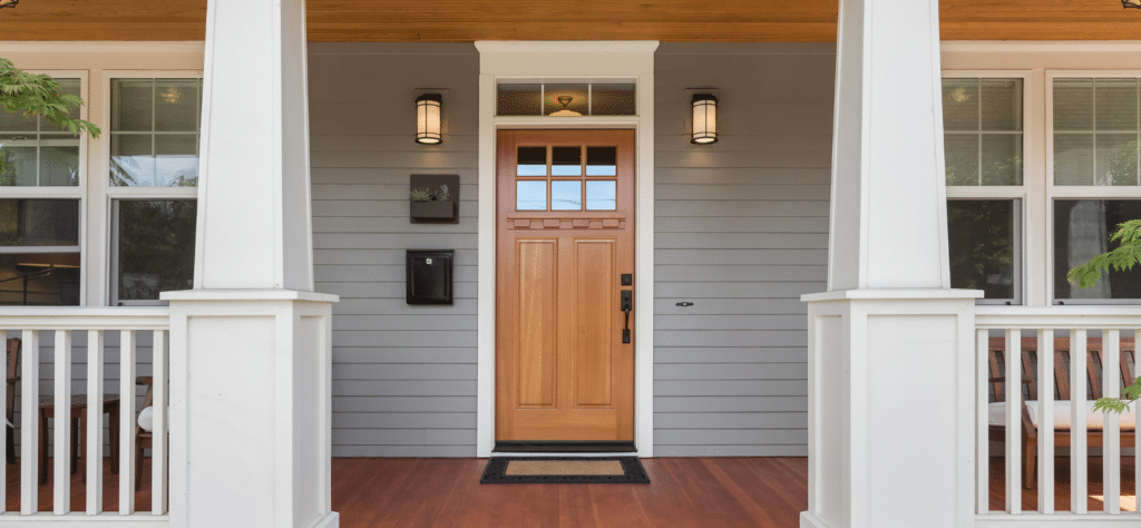 Front porch with wooden door and columns