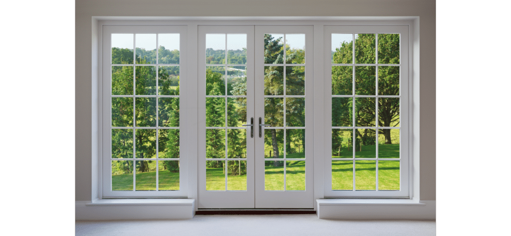 Large French doors overlook lush outdoor scenery.