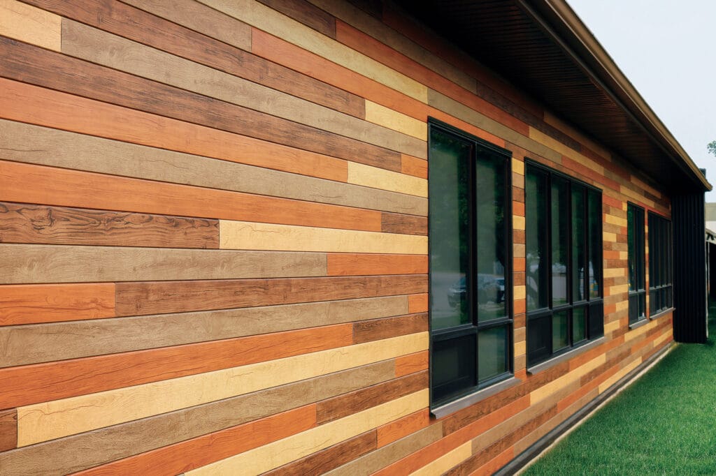 Colorful wooden slat exterior wall with windows